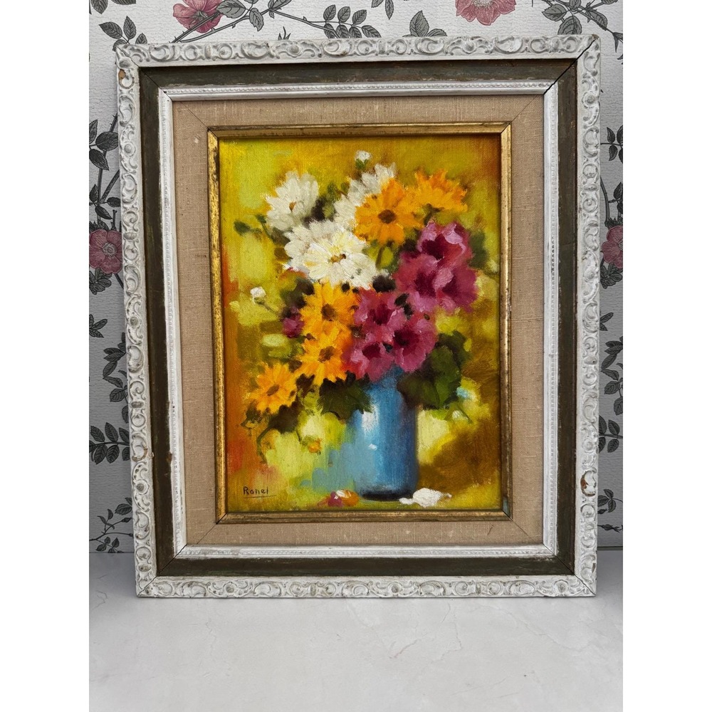 Vintage Floral Oil Painting Framed French Style Bouquet Wall Art Orginal Frame